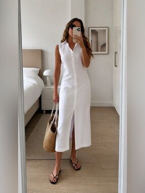 Theory Minimalist Sleeveless Shirt Dress White Linen Blend Button Front M